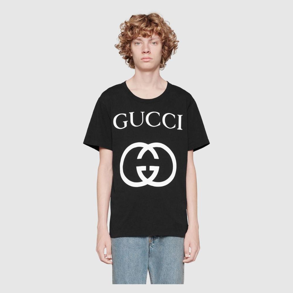Gucci 男士T恤 古驰 21春夏黑色GG印花超宽松T恤 493117