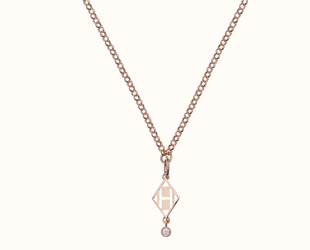 hermes 钻石项链 爱马仕 玫瑰金字母h镂空gambade项链 h216331b_荷兰